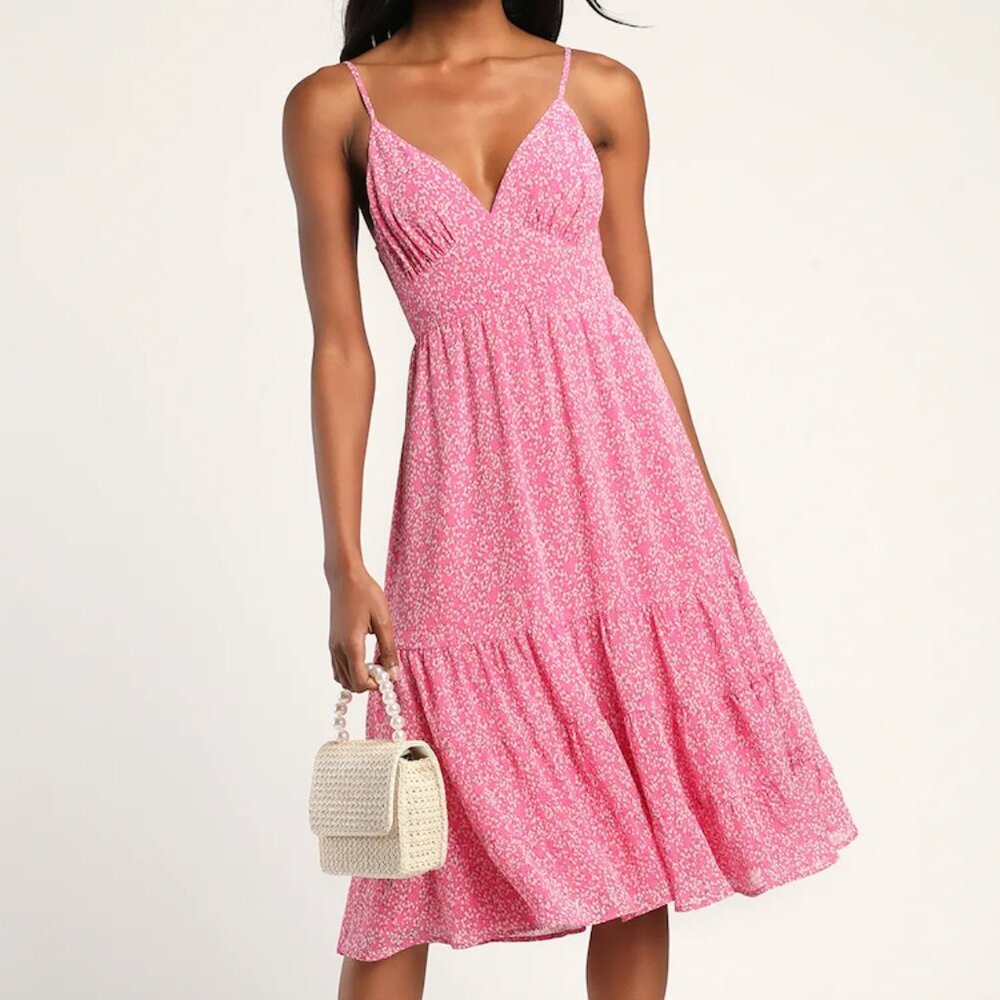 Lulus Feeling Flowerful Pink Floral Print Tie-Back Midi Dress